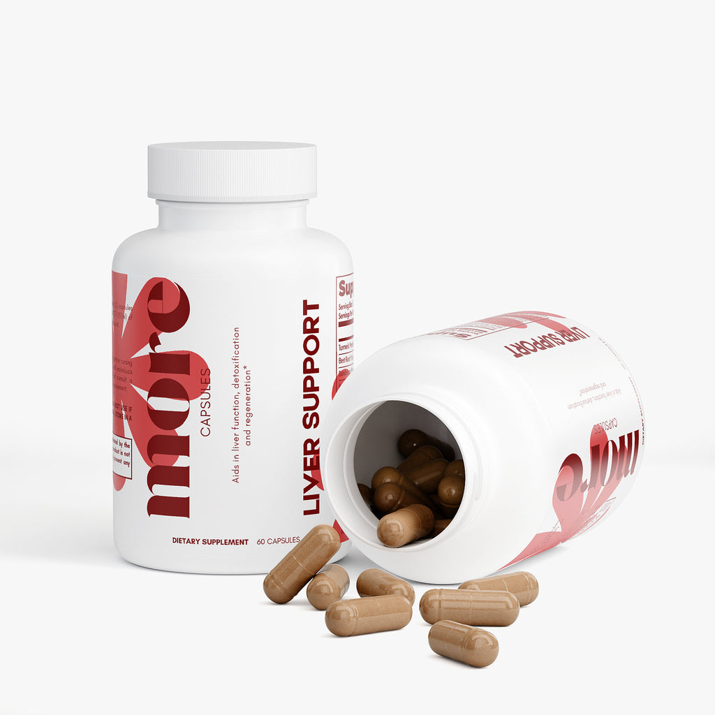 Liver Support capsules bottle with capsules spilling out